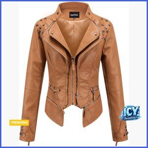Faux Leather Biker Jacket with Studded Details and Adjustable Hem